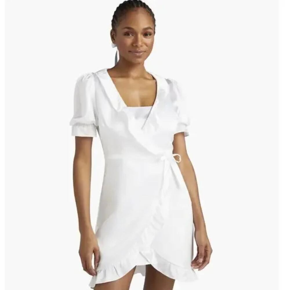 Hill House 100% Silk Nima Satin White Ruffled Wrap Mini Dress